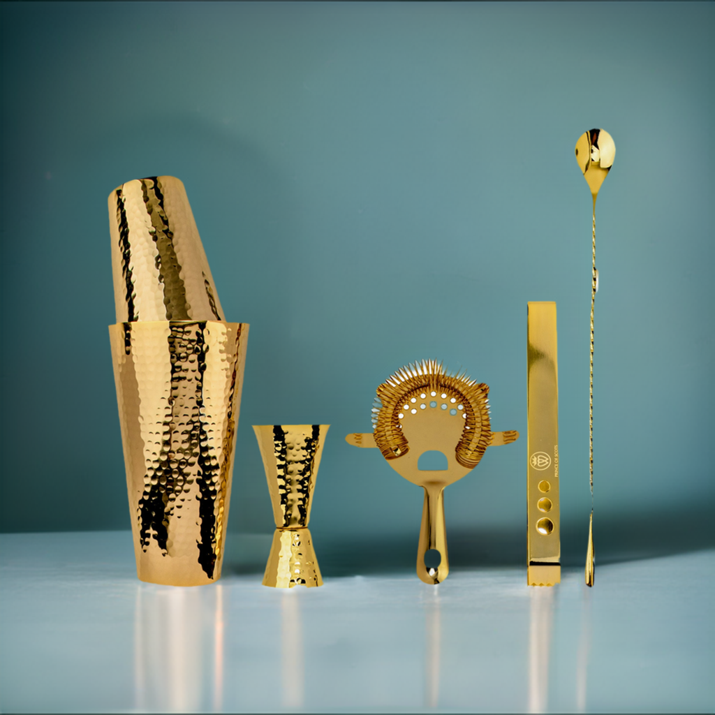24K Gold-Plated Hammered Copper Cocktail Shaker & Bar Tool Set