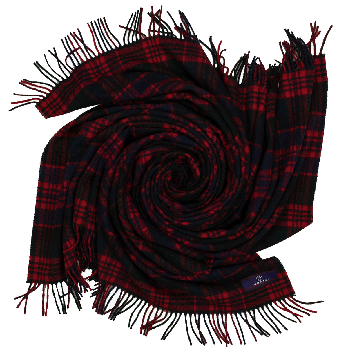 Macdonald tartan merino wool throw in red and black with fringed edges, coiled to show the soft, heritage textile.