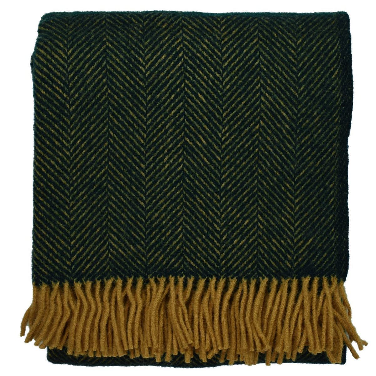 Emerald green and gold herringbone pure new wool throw with fringe, 59 by 72 inches.
