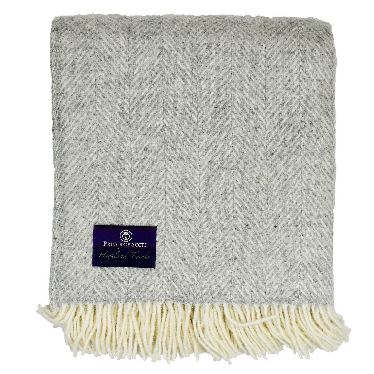 Silver herringbone pure new wool throw with cream fringe and Prince of Scots label.