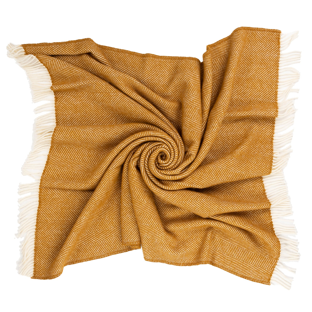 Whiskey-colored pure new wool throw featuring a classic herringbone weave and cream-colored fringe edges.