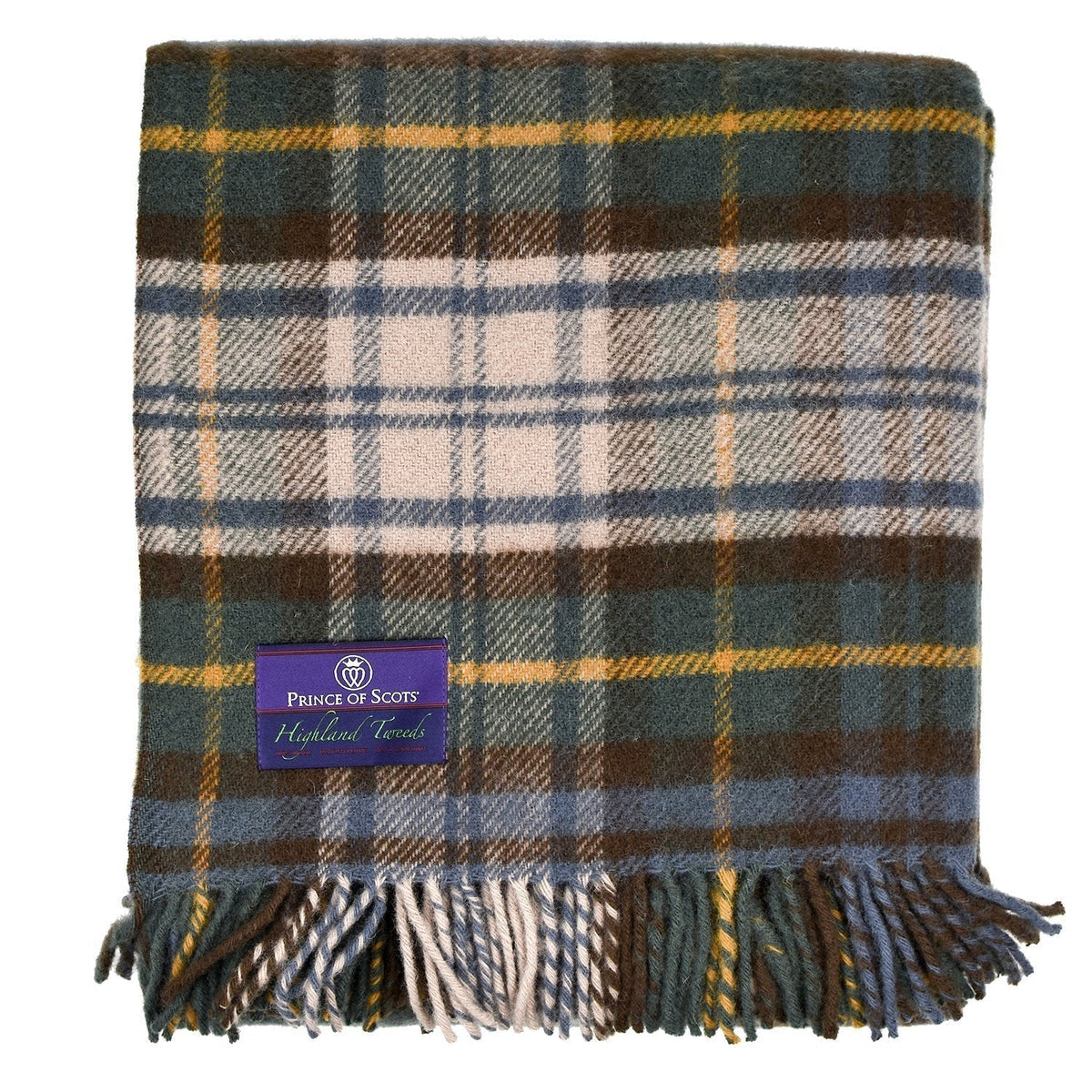 Antique Dress Gordon tartan wool throw in green, blue, and yellow with fringe, measuring 59 by 72 inches.
