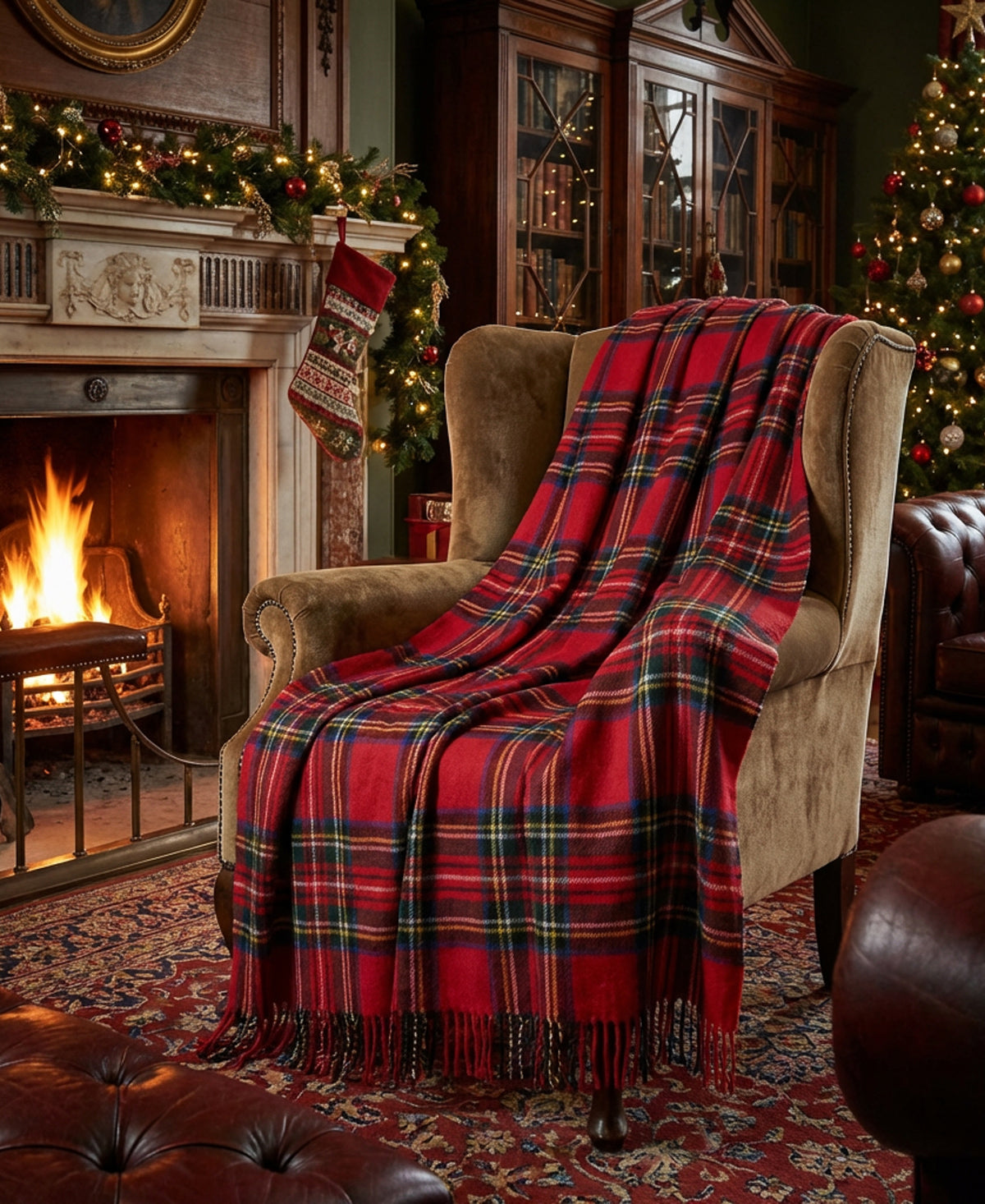 Royal Stewart tartan pure new wool throw with fringe draped over a chair by a fireplace in a cozy holiday living room.
