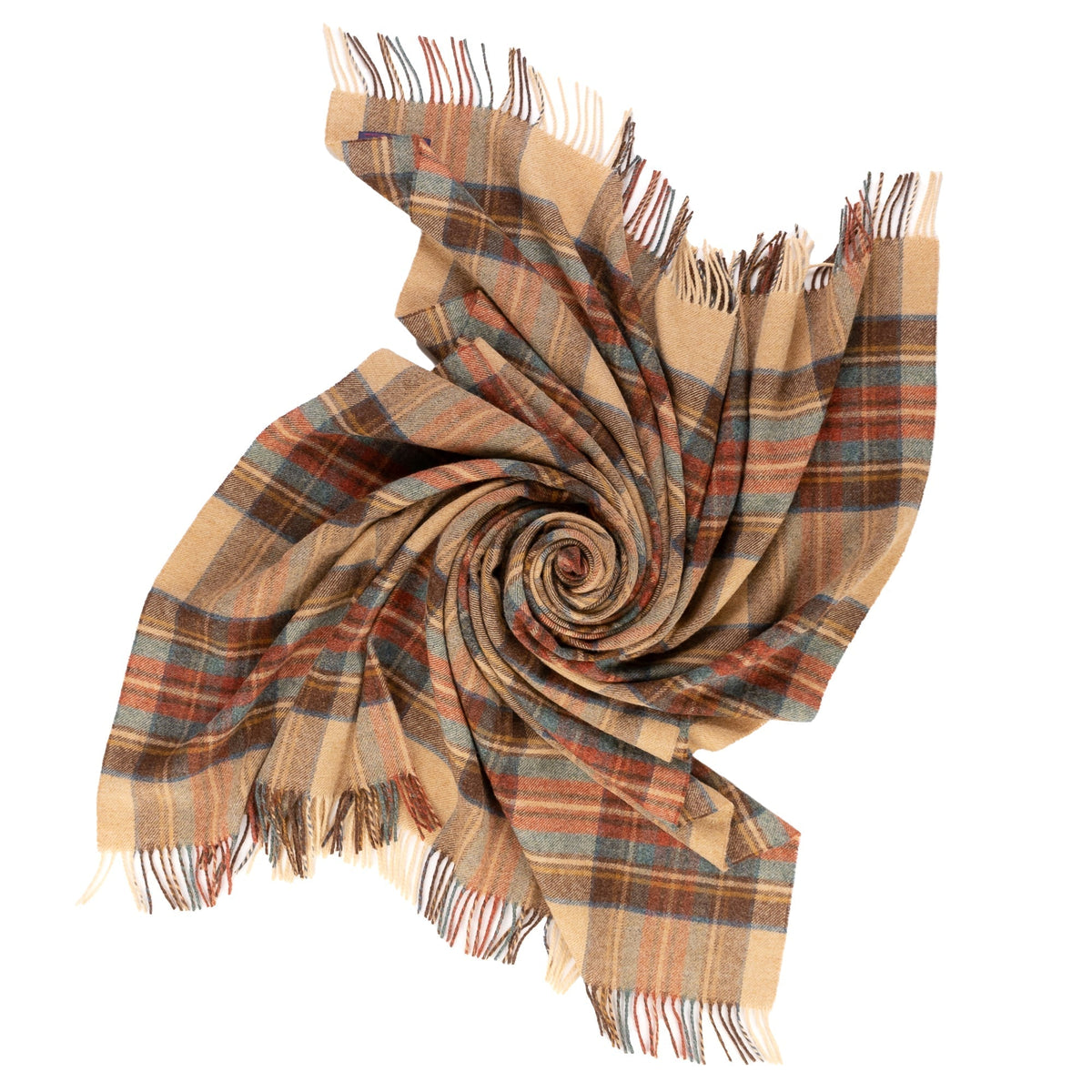 Antique Dress Stewart lambswool throw in a tan tartan pattern with fringe edges, coiled in a spiral on a white background.