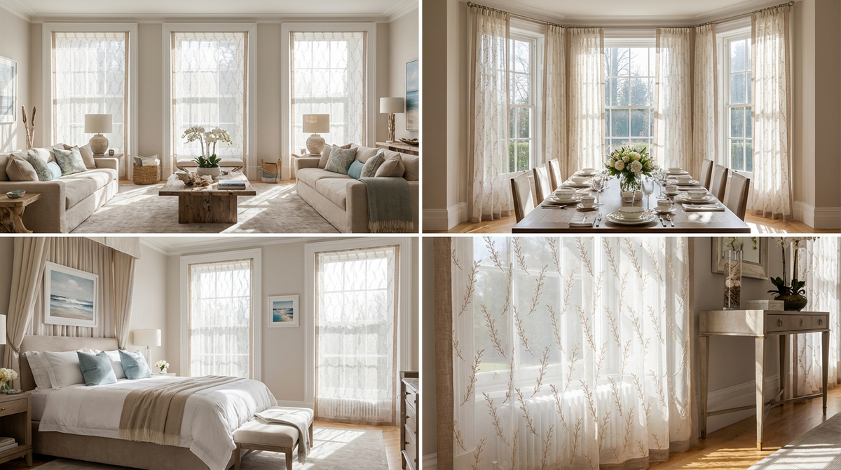 The Catkin sheer cotton-wool blend curtains with delicate botanical patterns and wool trim edges in a neutral home interior.