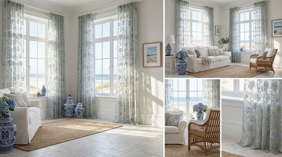 Sheer cotton curtains with blue and yellow floral patterns, featuring scalloped edges and a rod pocket top in a coastal living room.