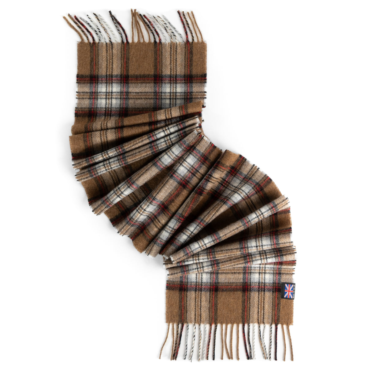Camel Stewart tartan merino lambswool scarf with fringe ends, woven in the British Isles, 10x72 inches.