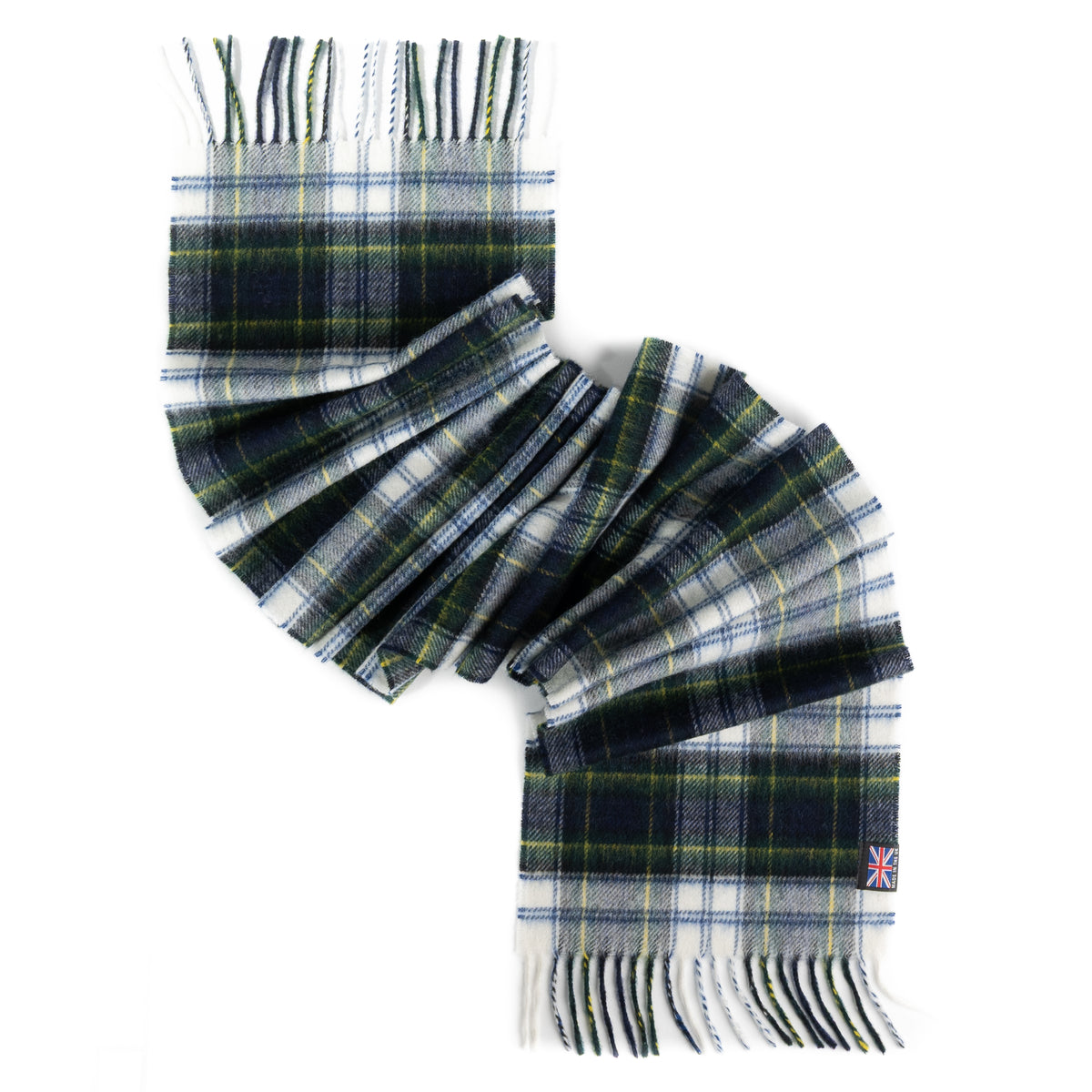 Dress Gordon tartan merino lambswool scarf with fringed ends and a British Isles woven label on a white background.