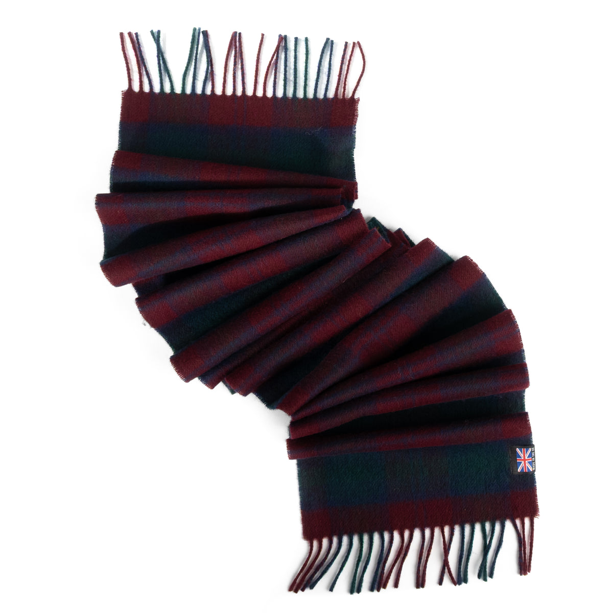 Prince of Scots Merino lambswool tartan scarf in burgundy and green with fringed ends on a white background.