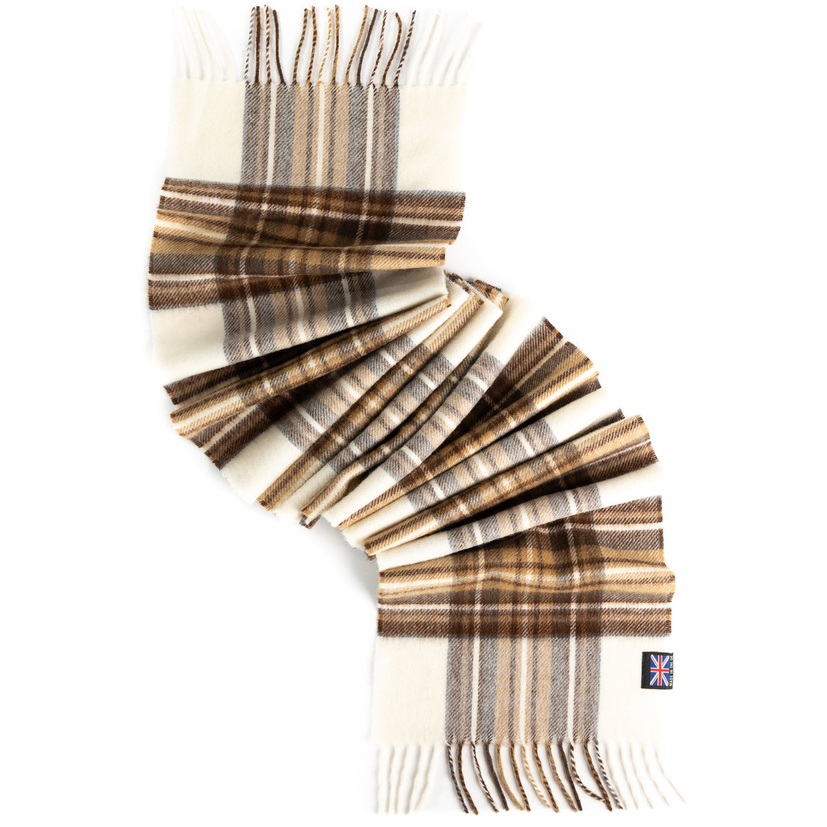 Prince of Scots Merino lambswool scarf in Thompson Camel tartan with cream, brown, and grey plaid and fringed ends.