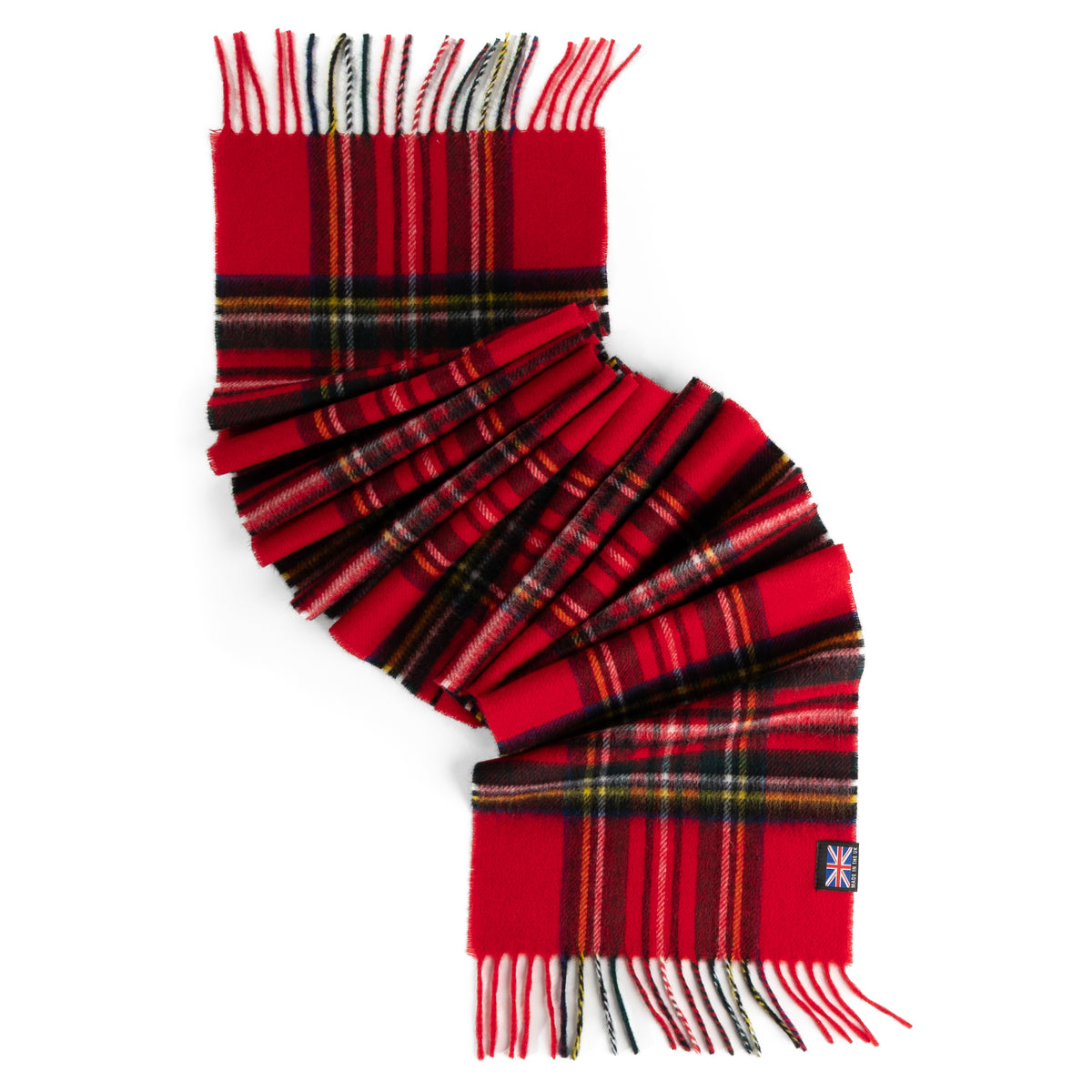 Royal Stewart tartan scarf in soft red merino lambswool with fringed ends and a British Isles woven label.
