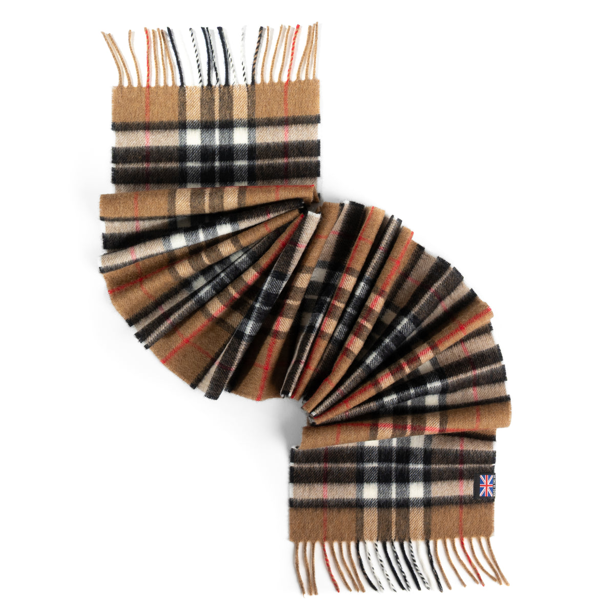 Thompson Camel tartan merino lambswool scarf with fringe ends, woven in the British Isles, isolated on white background.