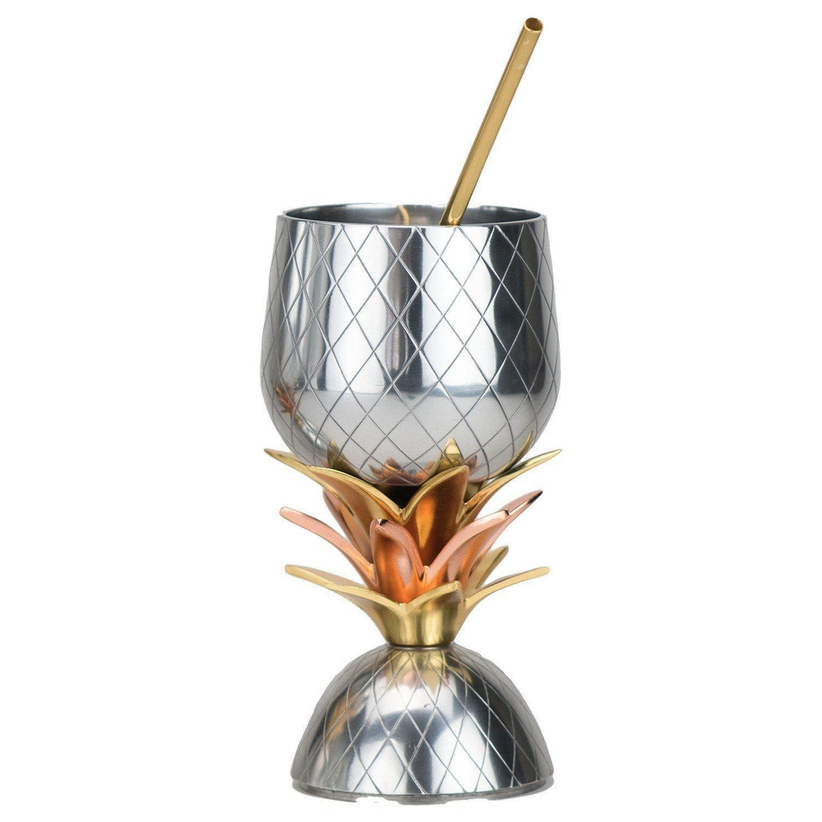 18-ounce aluminum pineapple tumbler with a silver textured base, gold and copper leaves, and a matching metal straw.