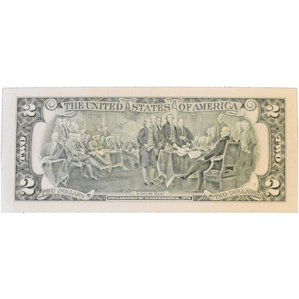 Reverse side of a two-dollar bill featuring the Declaration of Independence painting in green and white ink.