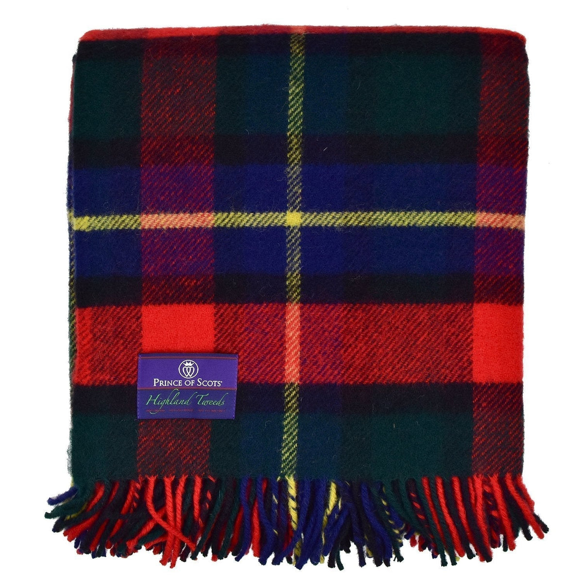 Kilgour tartan 100% pure new wool throw blanket with fringe, featuring red, green, blue, and yellow plaid patterns.