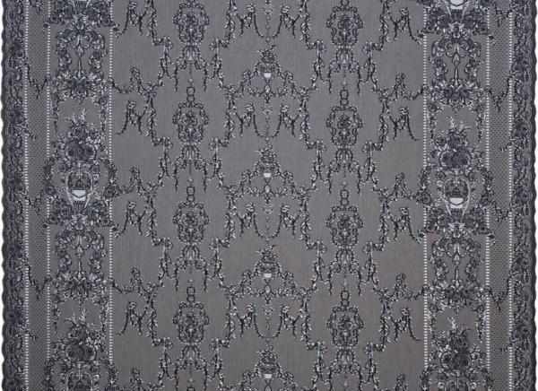 Silver sheer cotton curtain panel featuring an intricate neo-classical damask pattern and elegant scalloped edges.