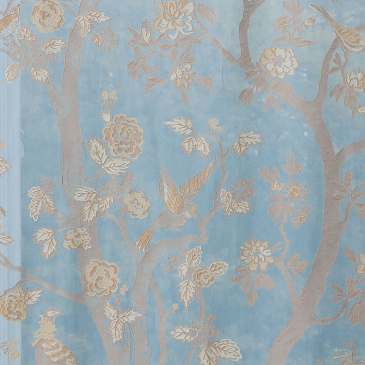 Turquoise cotton sheer panel featuring a woven bird and floral pattern with elegant scalloped edges.