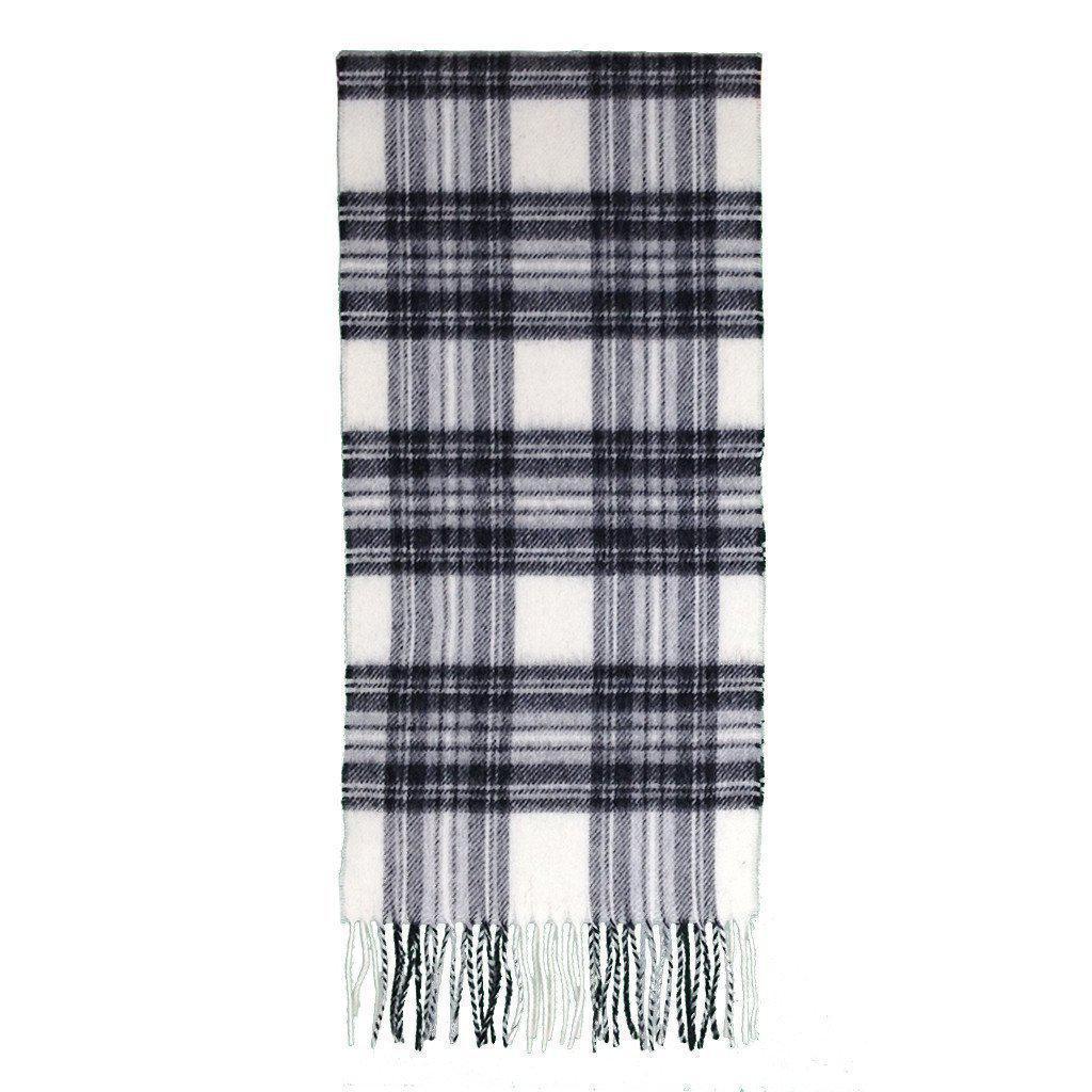 Dress Grey Stewart merino lambswool scarf in a black, white, and grey tartan pattern with fringed ends.