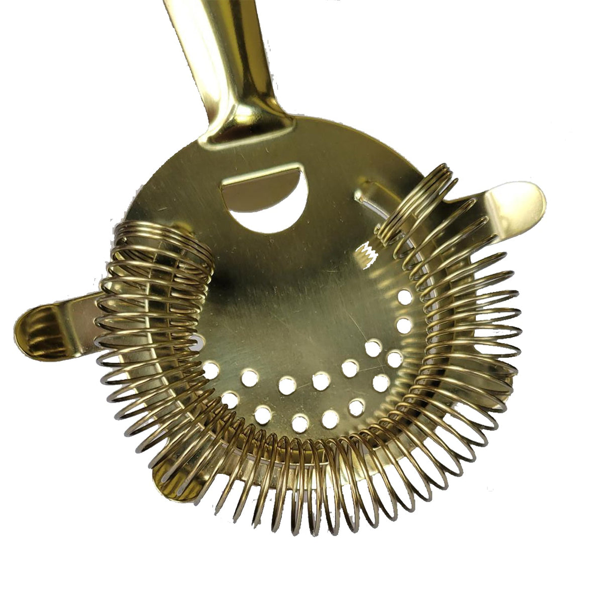 Gold-finished stainless steel 4-prong bar strainer with a coiled wire spring for professional cocktail mixing.