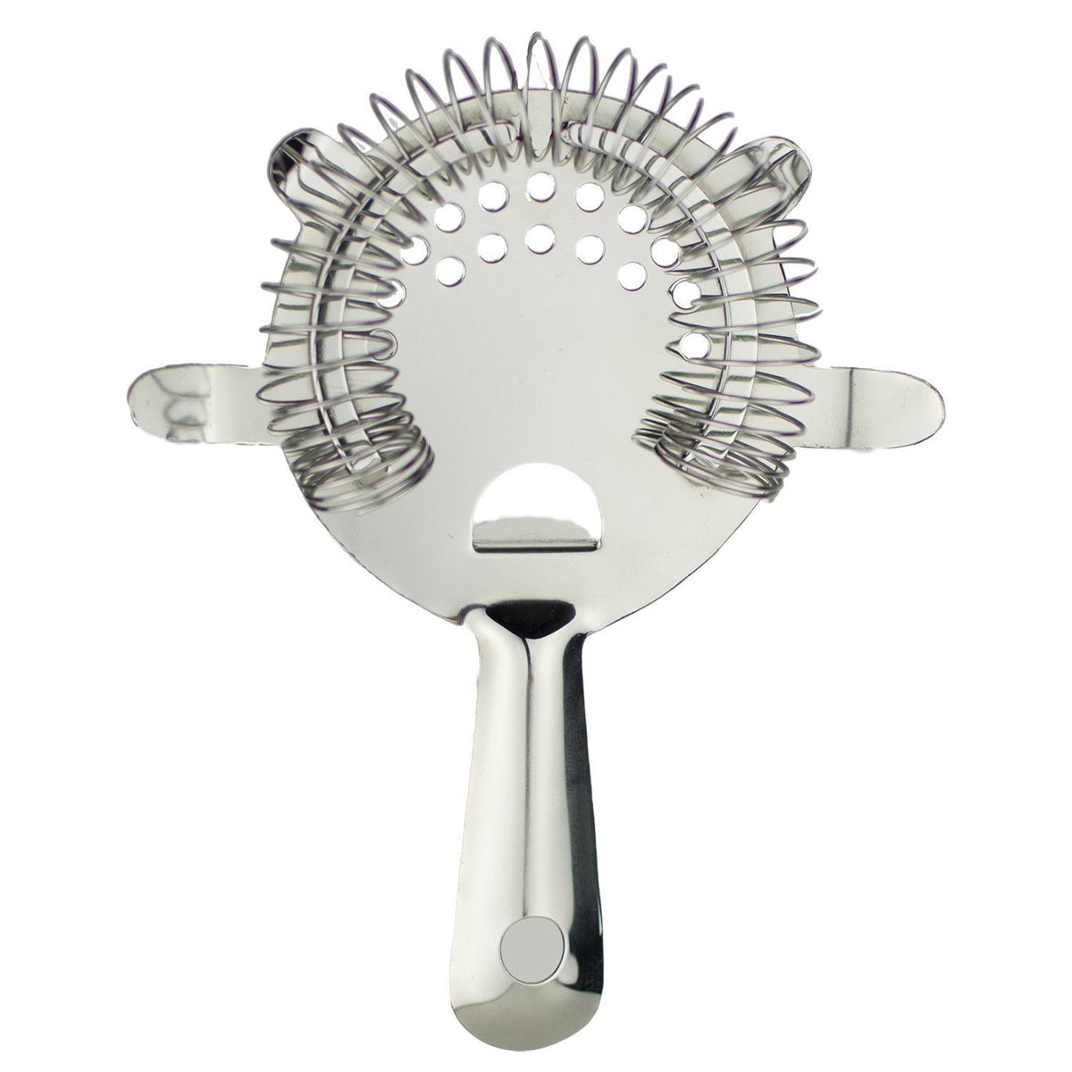Silver stainless steel 4-prong bar strainer with a wire spring and thumb grip for Boston cocktail shakers.