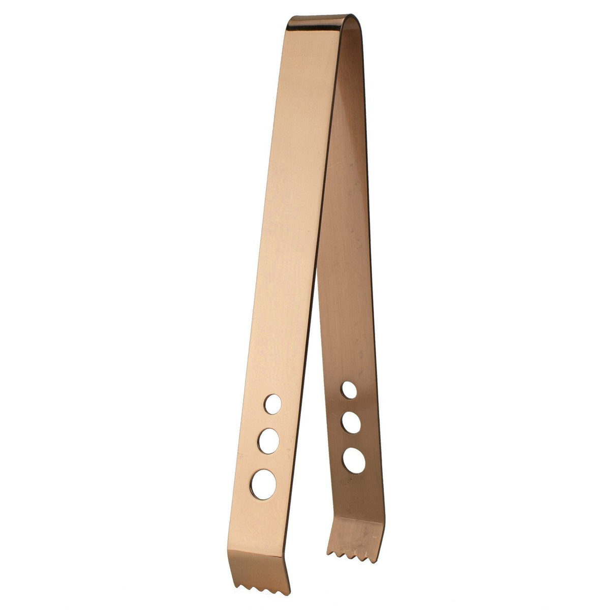 7-inch copper-plated stainless steel ice tongs with a sleek design and gripper teeth for easy use in home bars.