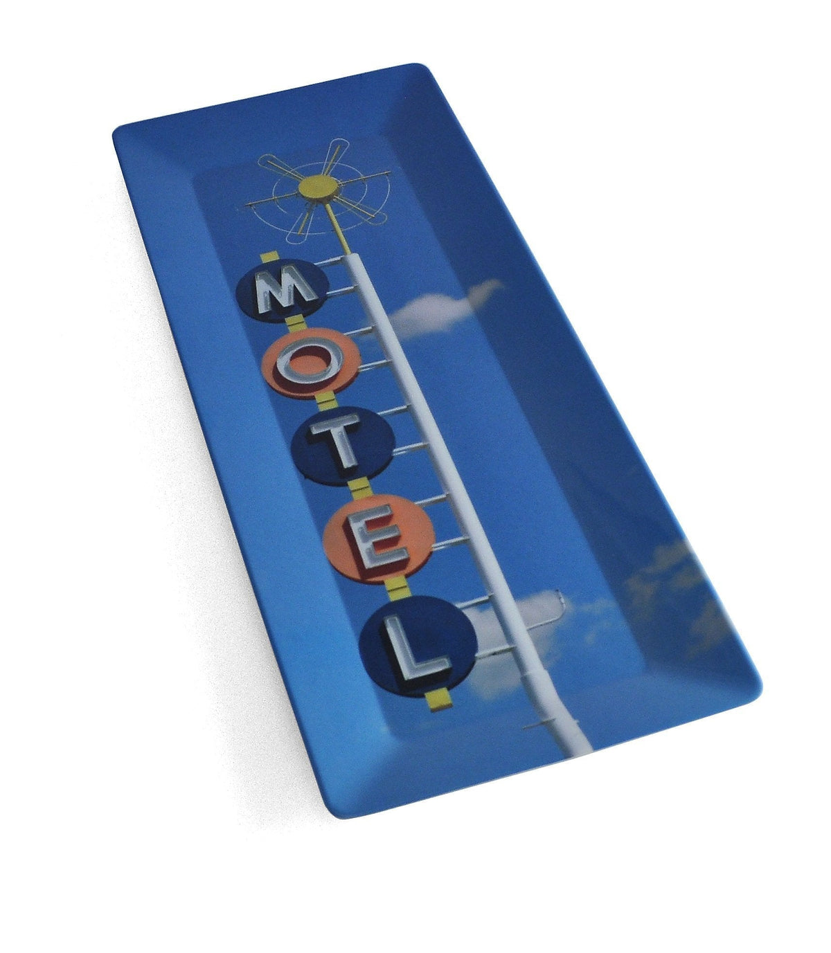 Blue 19x8-inch melamine serving tray featuring a vintage Tucumcari motel sign graphic against a blue sky background.