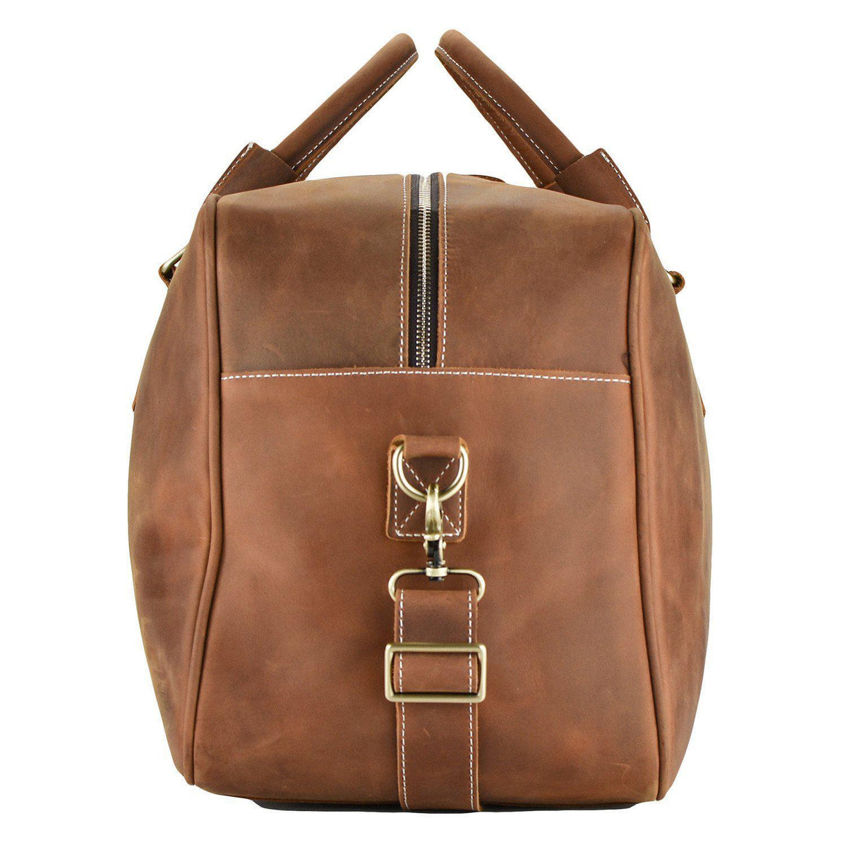 British tan genuine cowhide leather weekend travel bag with brass hardware and side strap attachment.