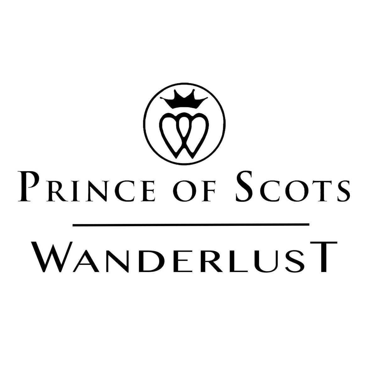 Prince of Scots Wanderlust brand logo featuring a crown and heart emblem in black text on a white background.
