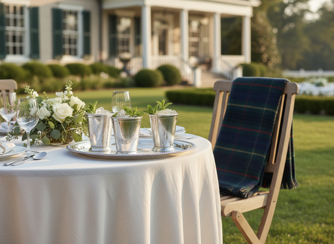 Elegant Kentucky Derby table setting with mint julep cups, white linens, and floral arrangements styled for Southern entertaining