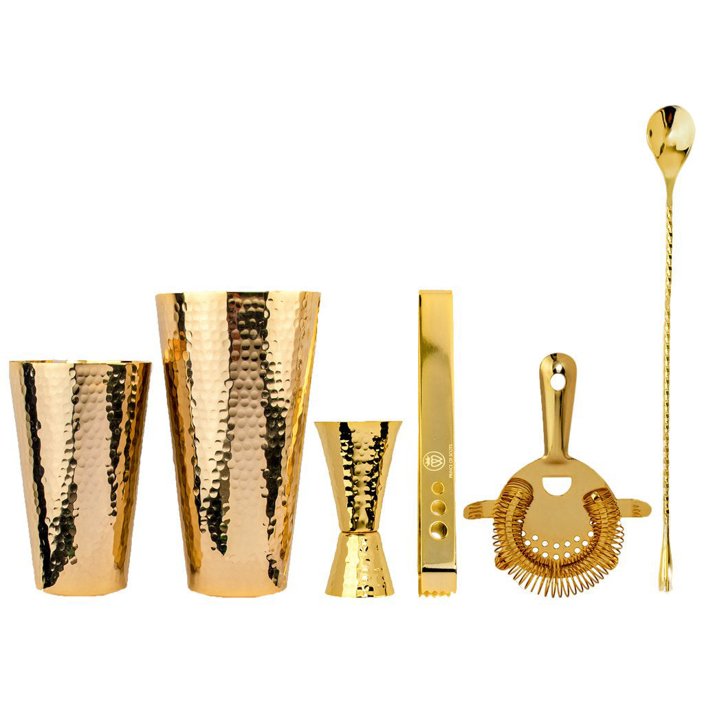 24K Gold-Plated Hammered Copper Cocktail Shaker & Bar Tool Set