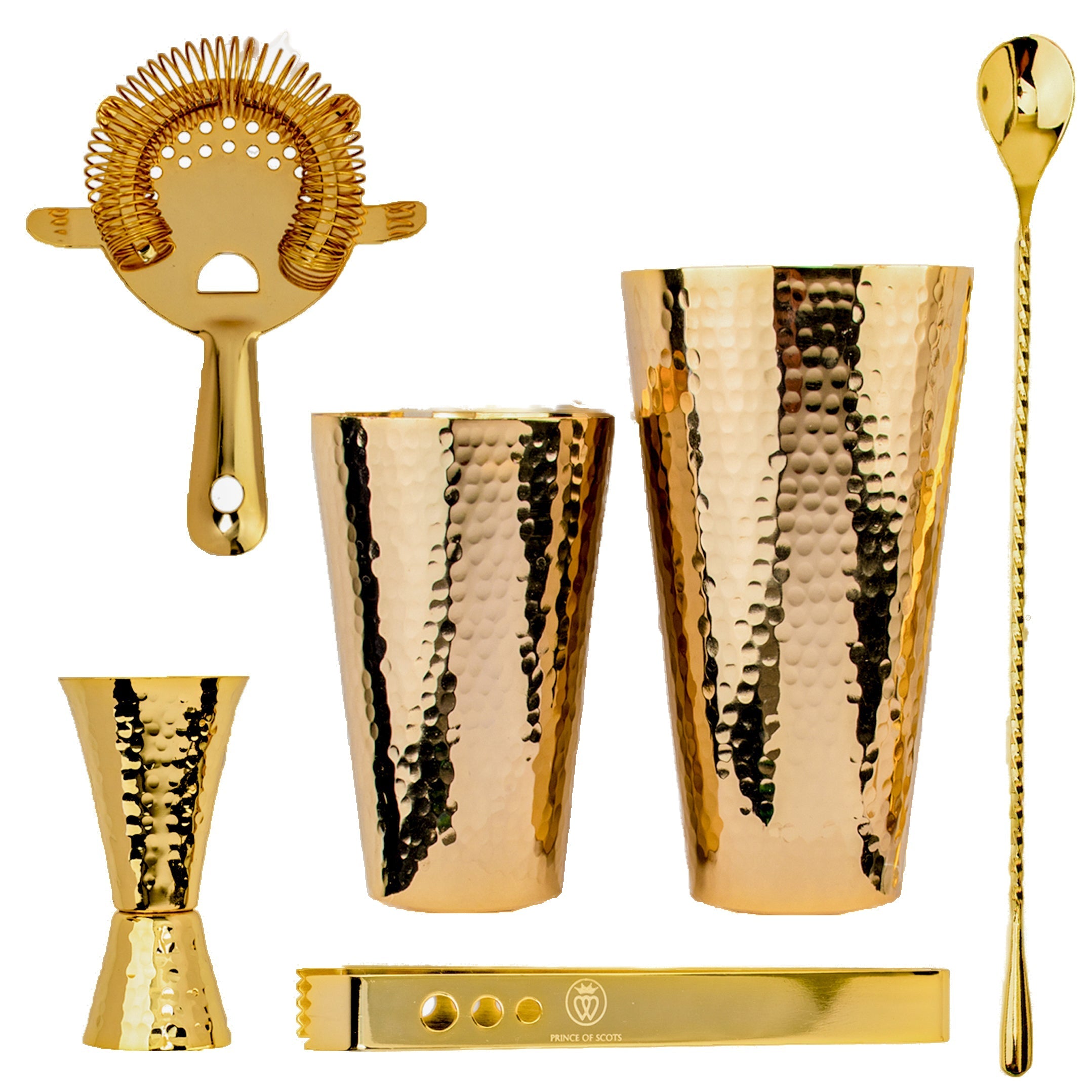 24K Gold-Plated Hammered Copper Cocktail Shaker & Bar Tool Set
