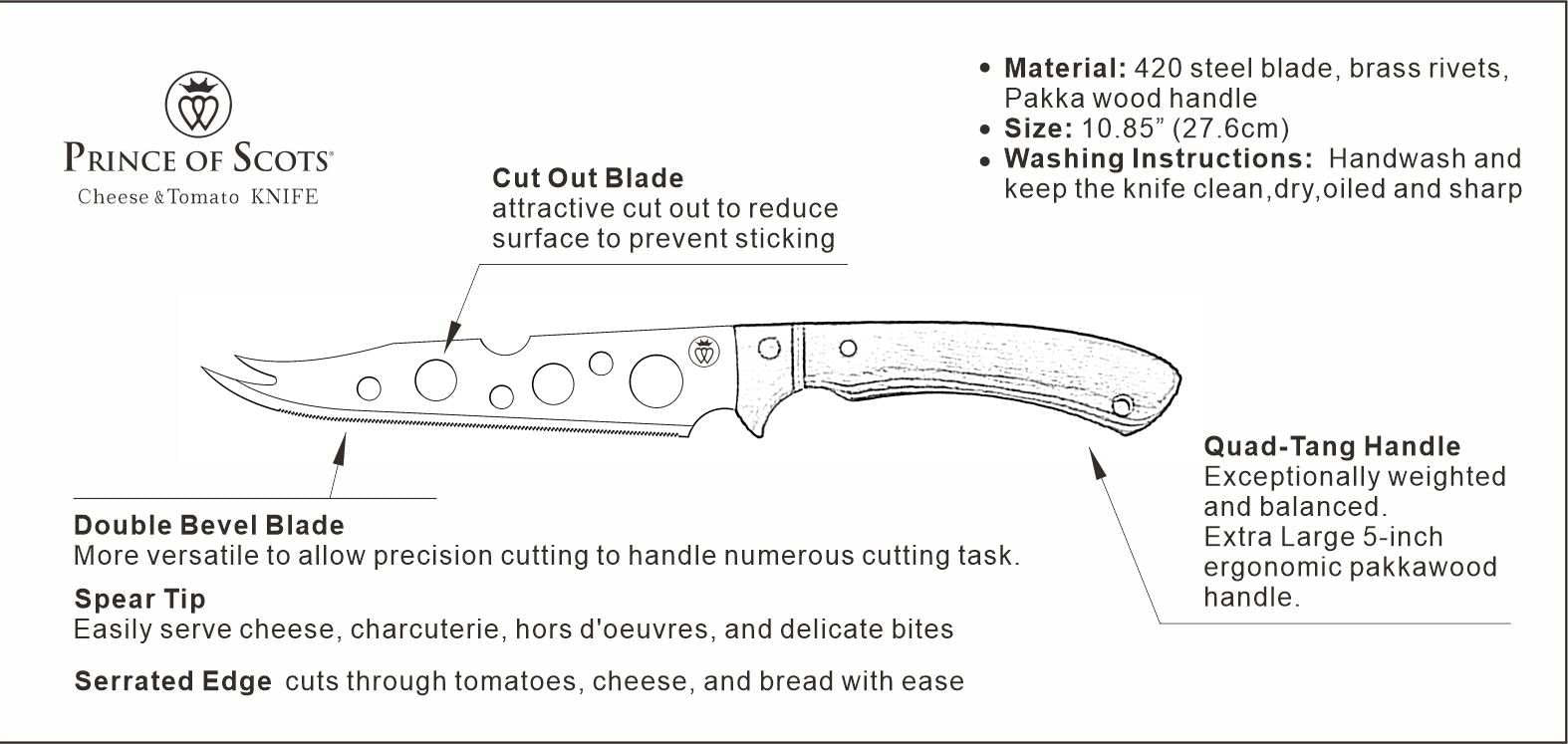 Cheese-Tomato Knife | Large Handle | Premium Steel, Bar Tool, Gourmet Knife-Barware-Prince of Scots-810032753436-CheeseTomatoKnife-Prince of Scots