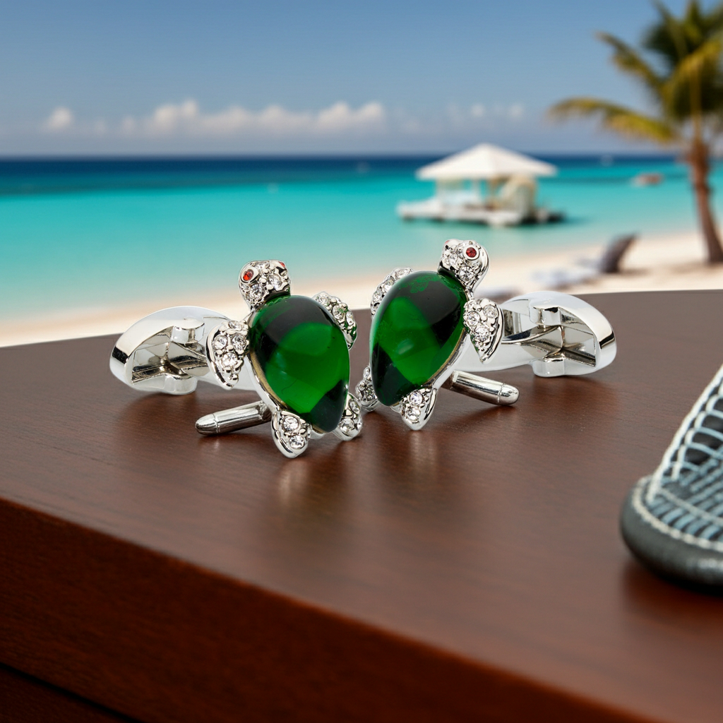 Crystal Turtle Cufflinks – Enamel & Faceted Crystal Accents-Men's Gifts-[bar code]-Prince of Scots