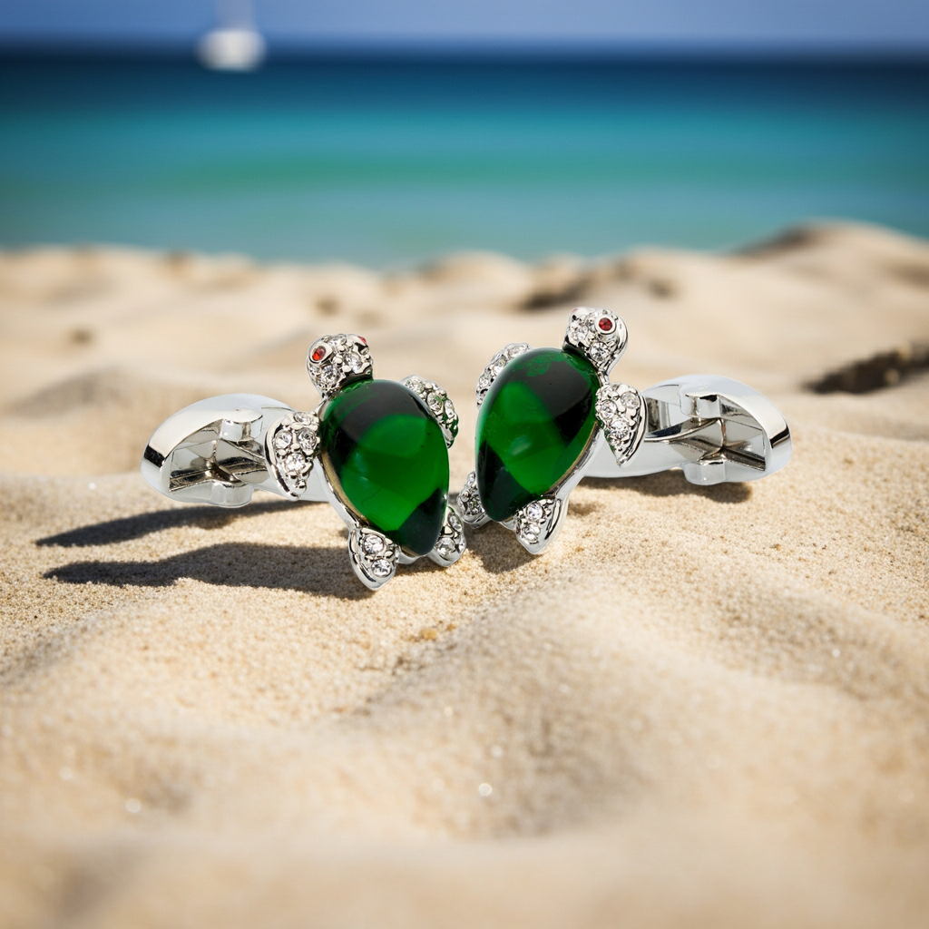 Crystal Turtle Cufflinks – Enamel & Faceted Crystal Accents-Men's Gifts-[bar code]-Prince of Scots