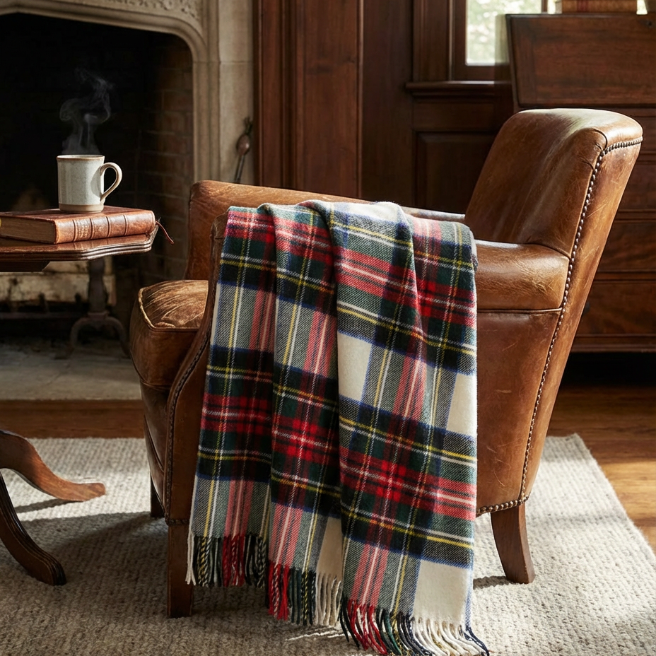 Dress Stewart tartan merino wool throw with fringed edges draped over a brown leather armchair in a cozy room.