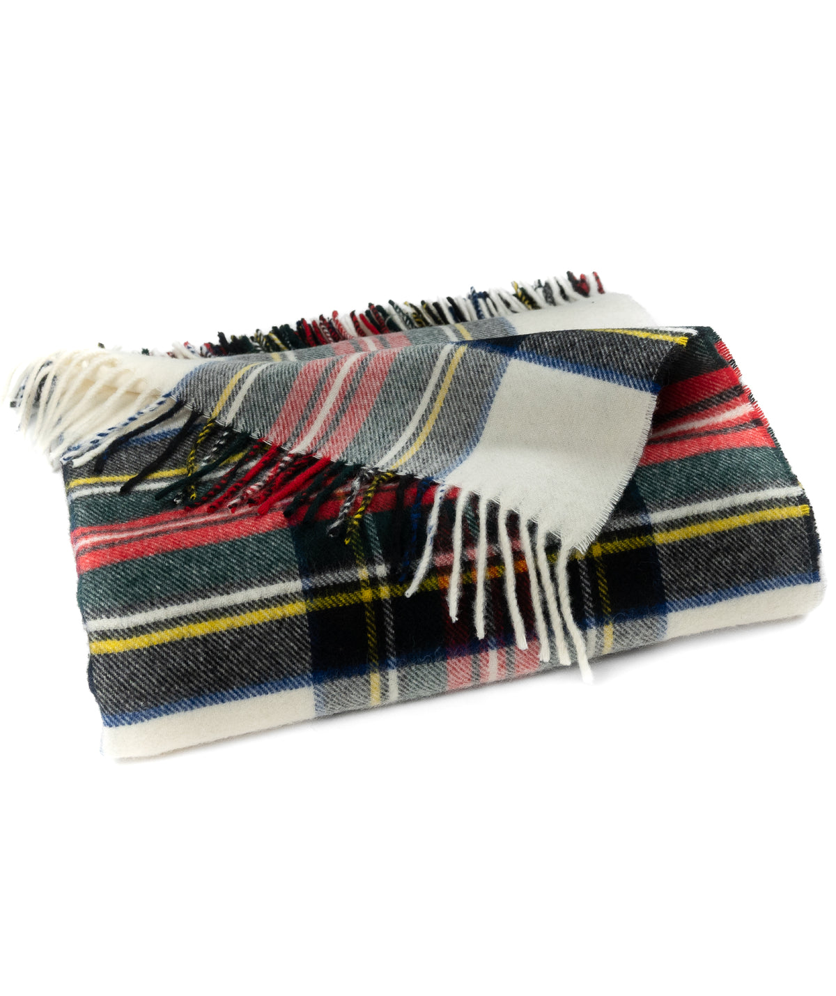 Folded Dress Stewart tartan merino wool throw with fringed edges in white, red, green, and yellow plaid.