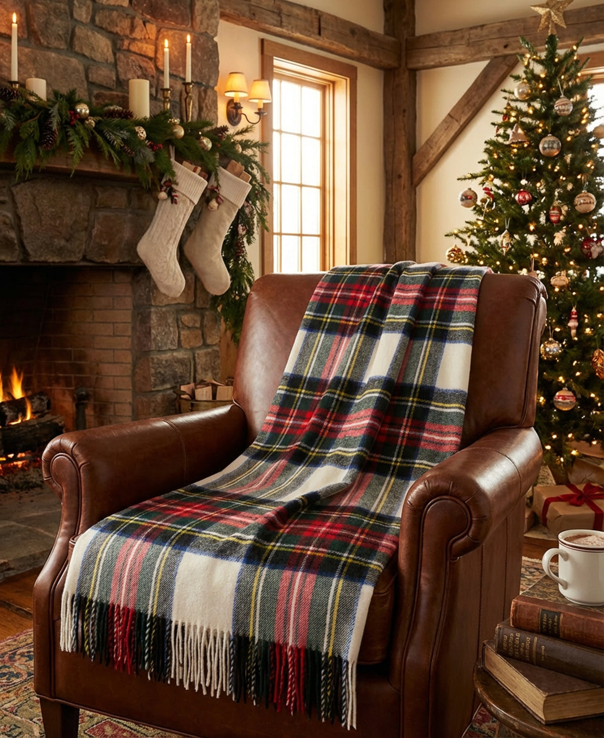 Dress Stewart tartan merino wool throw with fringed edges draped over a leather armchair in a festive living room.
