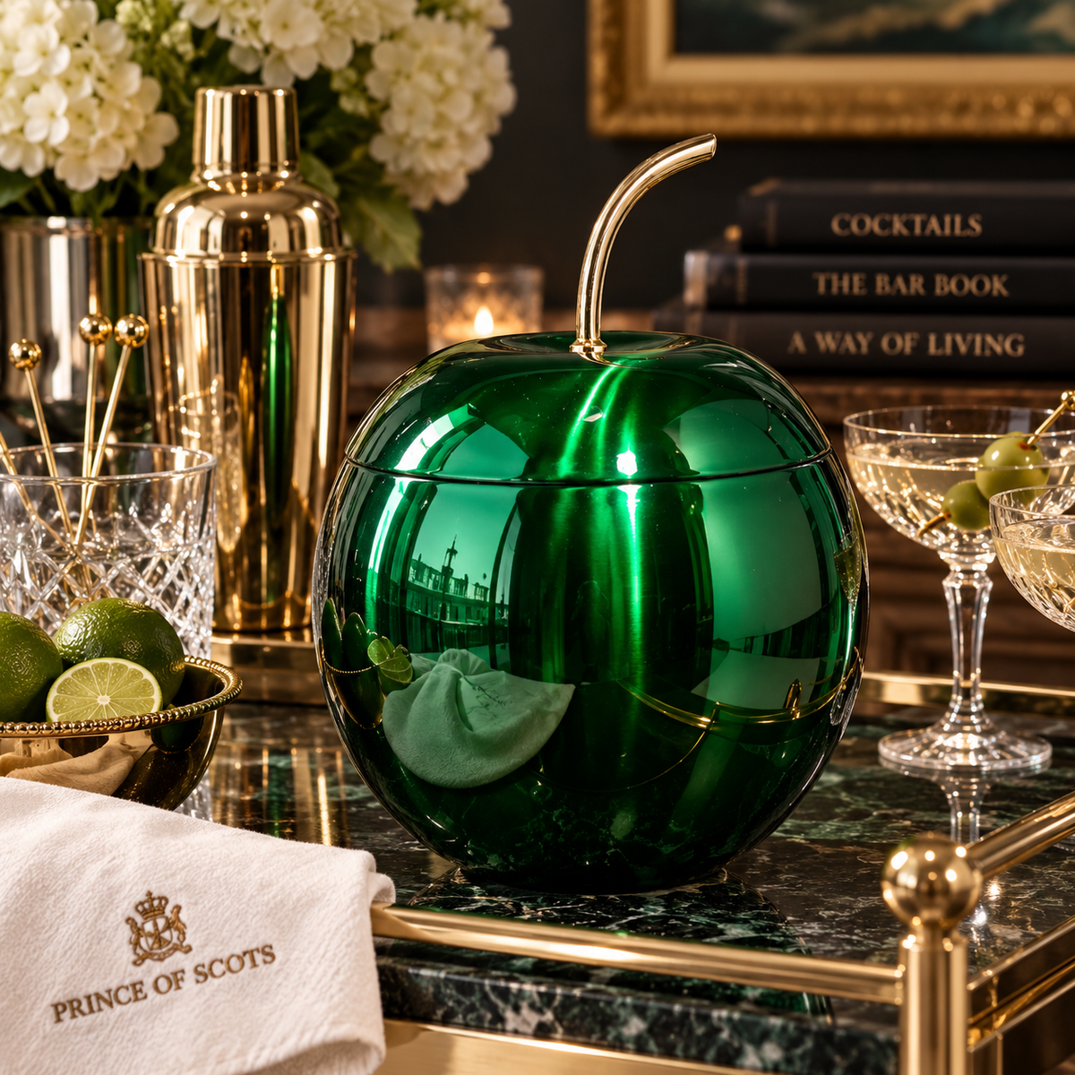 Green Cherry Double-Wall Ice Bucket with Brass Stem