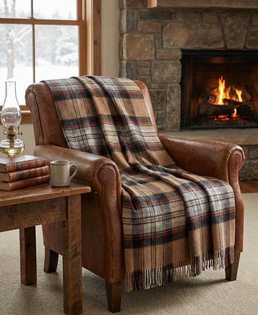 Highland Tartan Tweed Merino Wool Throw ~ Camel Stewart ~-Throws and Blankets-[bar code]-Prince of Scots