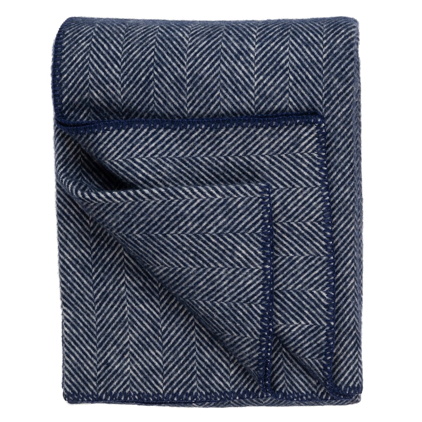 Highland Tweeds BIG Throw ~ Navy Herringbone ~-Throws and Blankets-[bar code]-NavyBlanketStitch-Prince of Scots