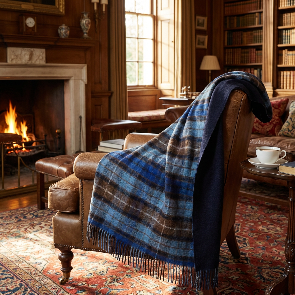 Highland Tweeds Double Cloth Reversible Throw (Blue Buchanan)-Throws and Blankets-[bar code]-Prince of Scots