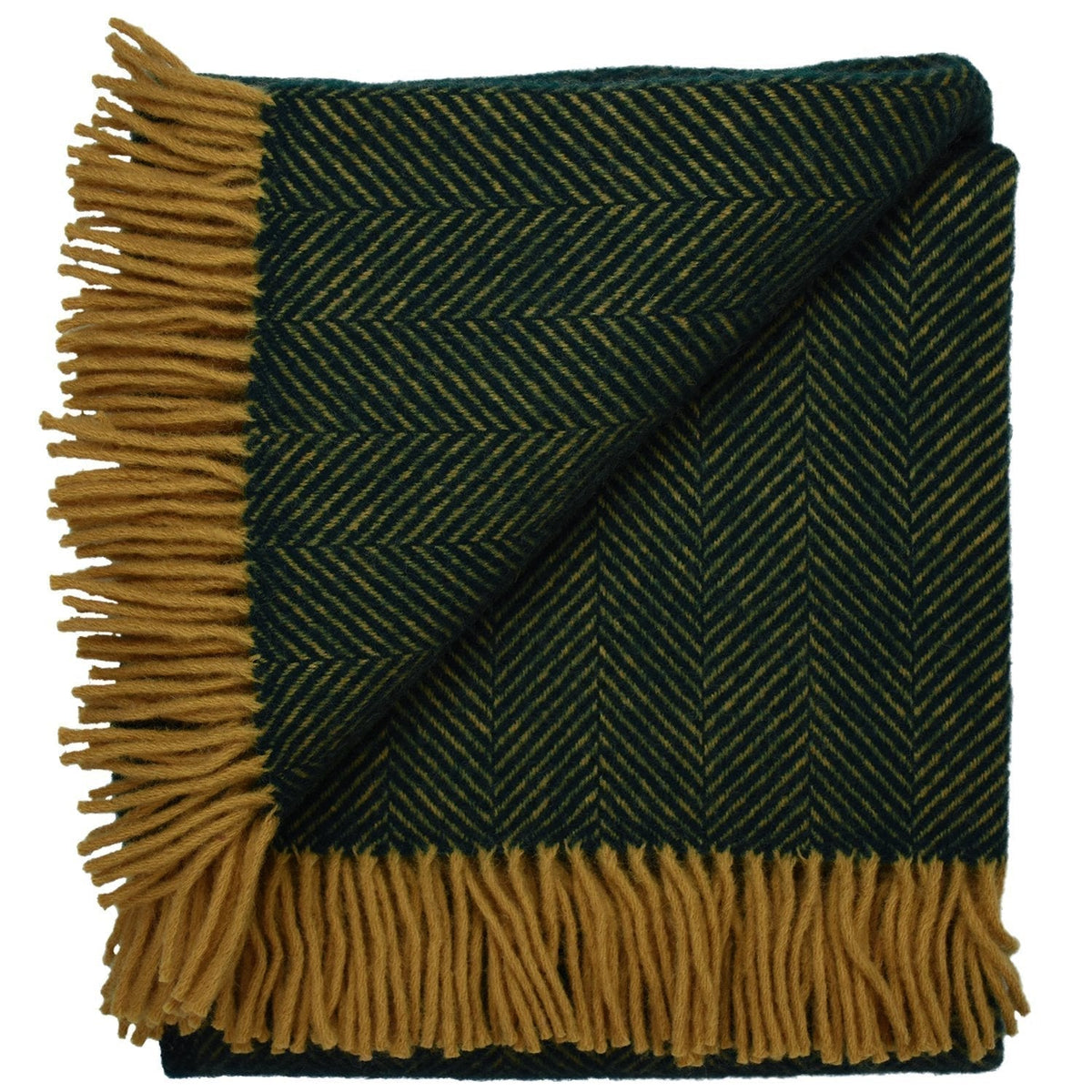 Emerald green and gold pure new wool throw with a classic herringbone weave and decorative fringed edges.