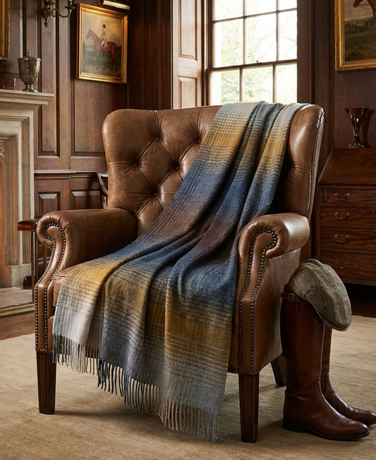Highland Tweeds Shetland Lambswool Ombre Throw - Blue-Throws and Blankets-[bar code]-Prince of Scots