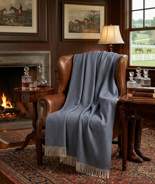 NAVY HERRINGBONE WOOL THROW | HIGHLAND TWEEDS® — MADE IN SCOTLAND