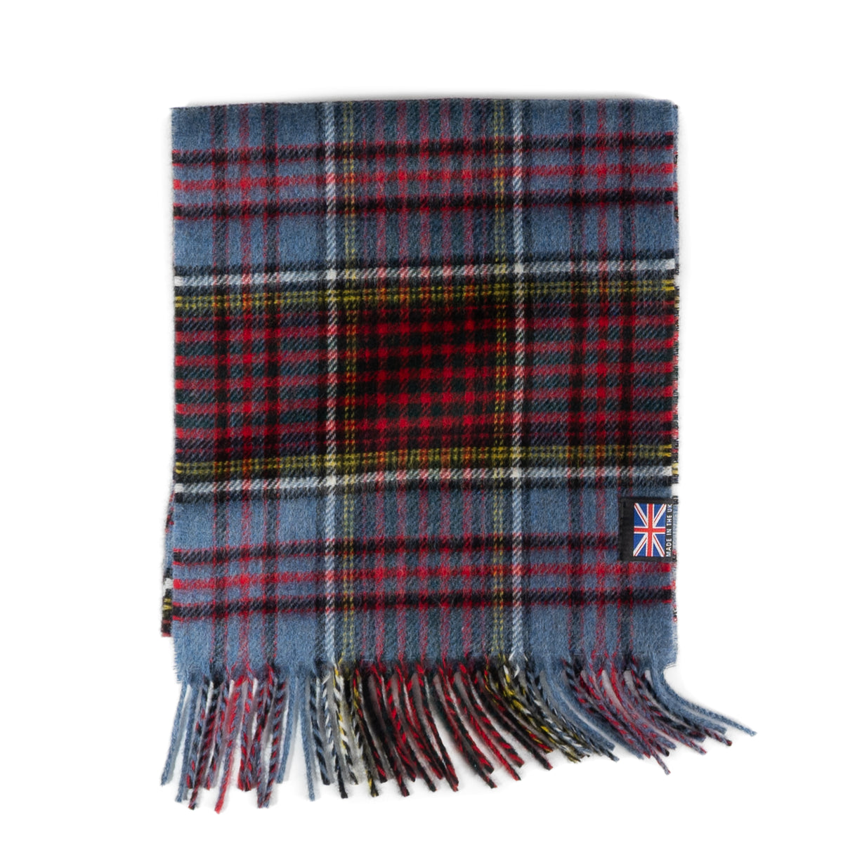Prince of Scots Anderson tartan merino lambswool scarf with fringe and Made in the UK label.