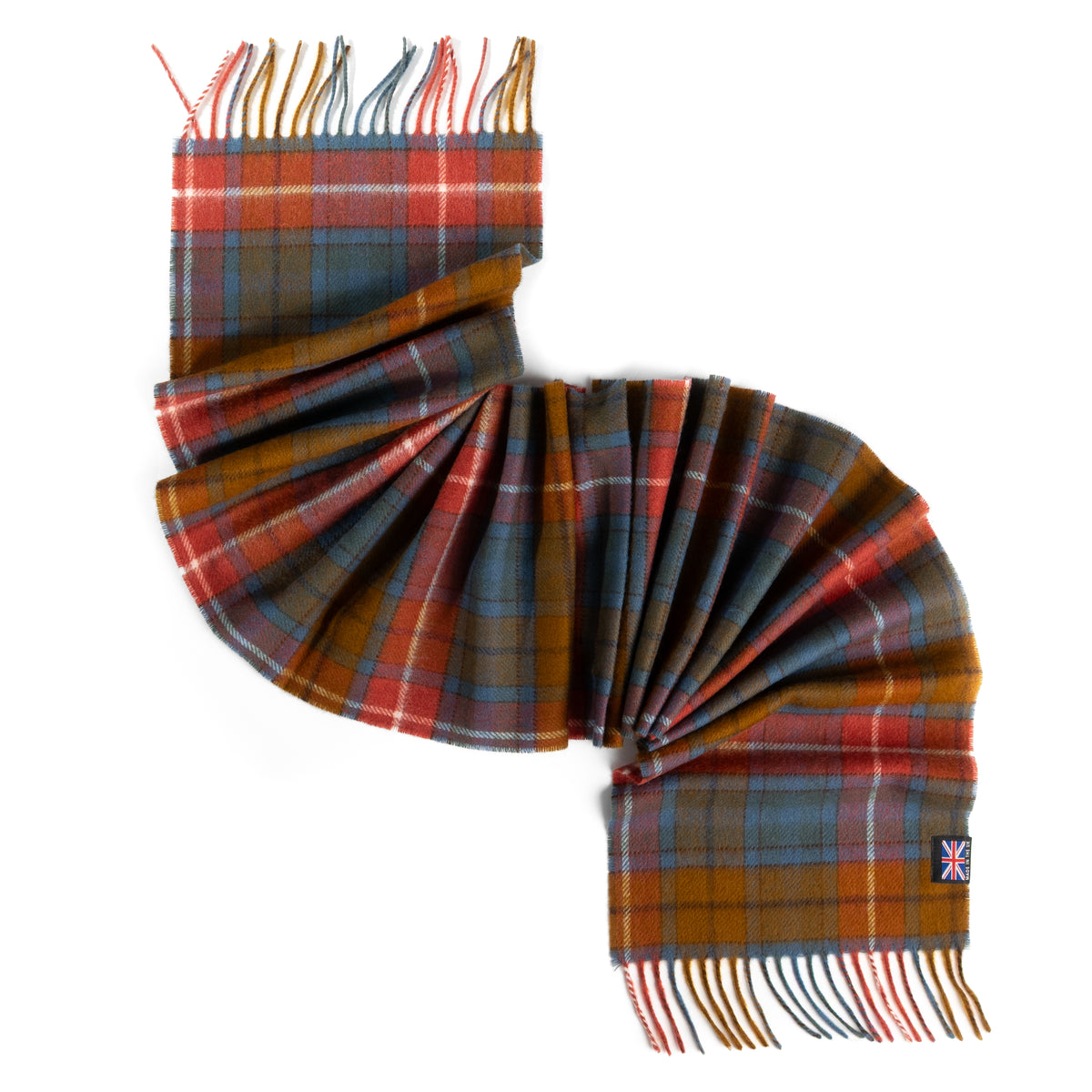 Antique Buchanan tartan Merino lambswool scarf with fringed ends, woven in the British Isles, isolated on white.