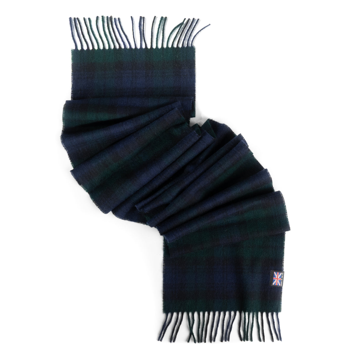 Black Watch tartan merino lambswool scarf with fringed ends, woven in the British Isles, measuring 10 by 72 inches.