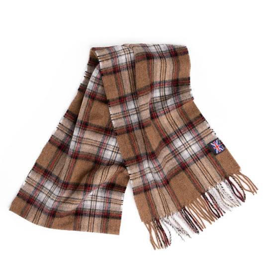 Prince of Scots camel tartan merino lambswool scarf with fringe, woven in the British Isles.