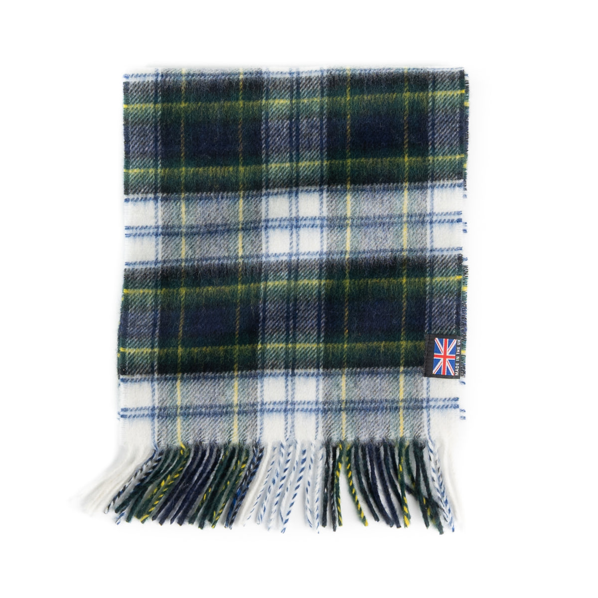 Prince of Scots Dress Gordon merino lambswool tartan scarf with fringe and a Made in the UK tag.