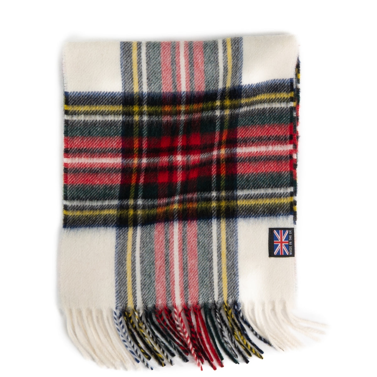 Prince of Scots Dress Stewart tartan merino lambswool scarf with fringe and Made in the UK label.